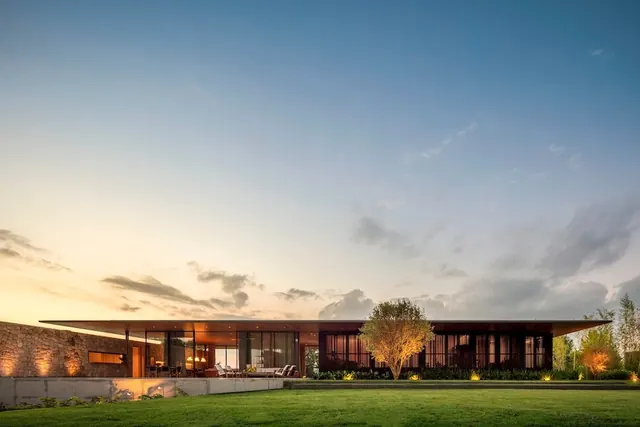 Modern Residential Architecture at Dusk, minimal, photographic, warm