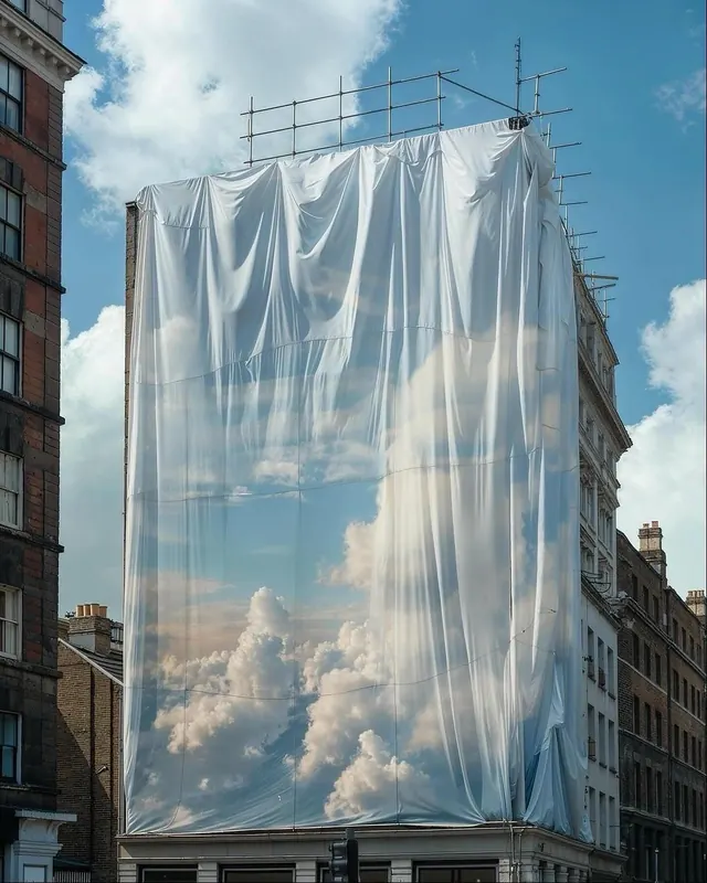 Cloud Print on Building Mockup, photographic, minimal, light