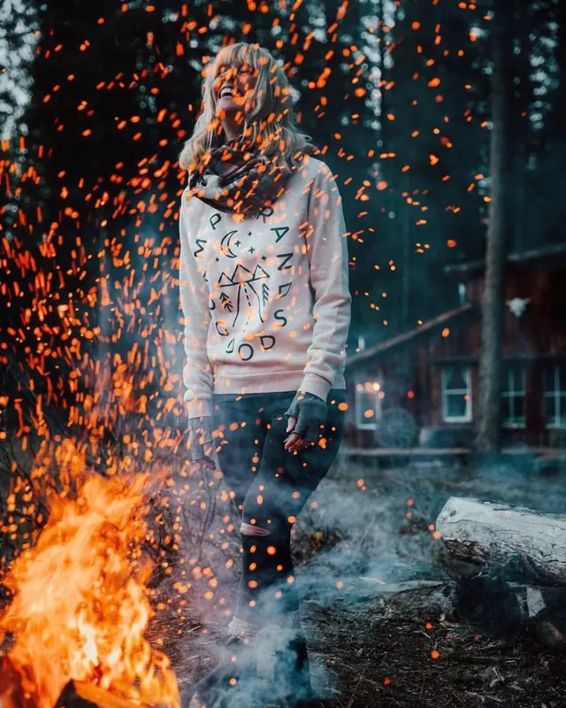 Woman in Fire and Sparks, photographic, organic, dark