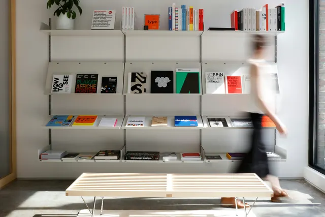 Mockup of Bookshelf with Graphic Design Samples, minimal, corporate-clean, light