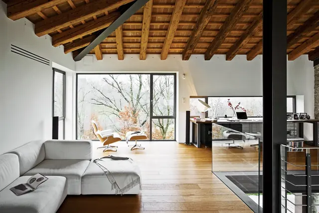 Modern Interior Design with Exposed Wood Ceiling, minimal, photographic, warm