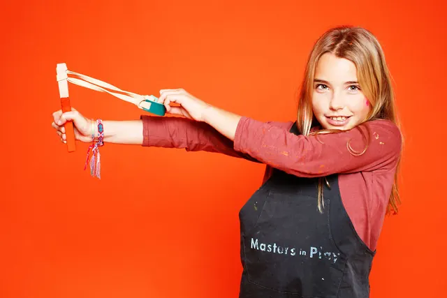 Girl with Power Tool and Logo, photographic, playful, vibrant
