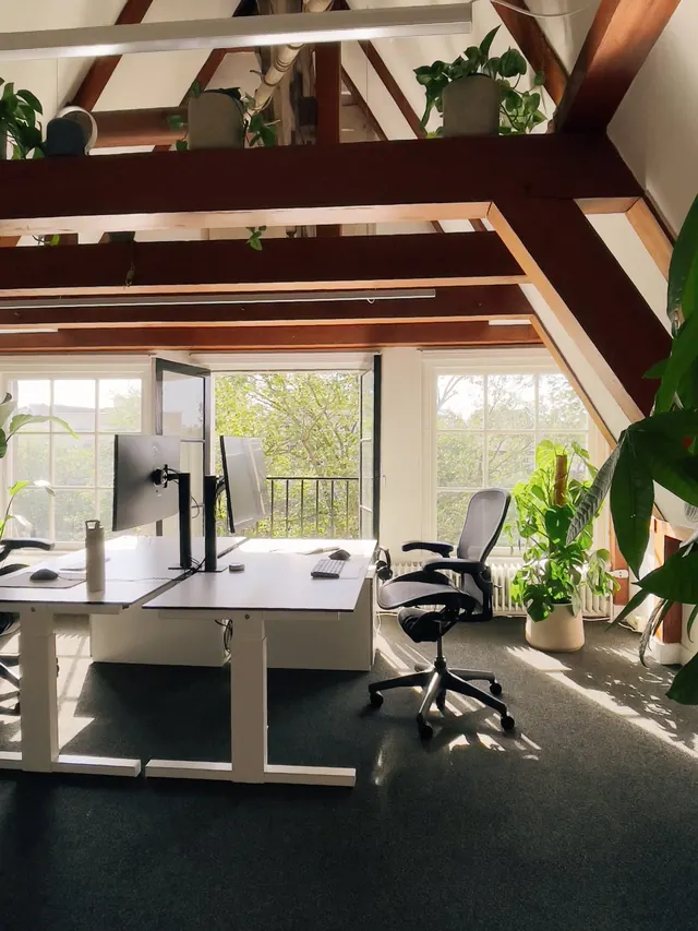 Modern Industrial Office Interior, minimal, photographic, warm