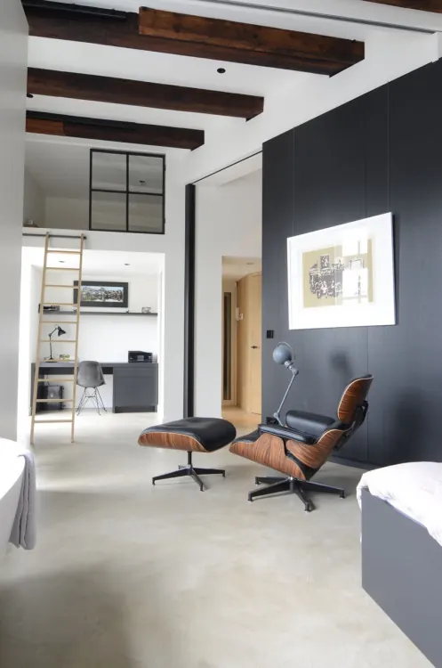 Modern Industrial Interior Design, minimal, photographic, dark