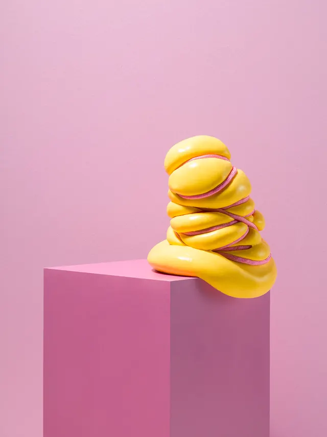 3D Render of Stacked Yellow Donuts, minimal, playful, vibrant