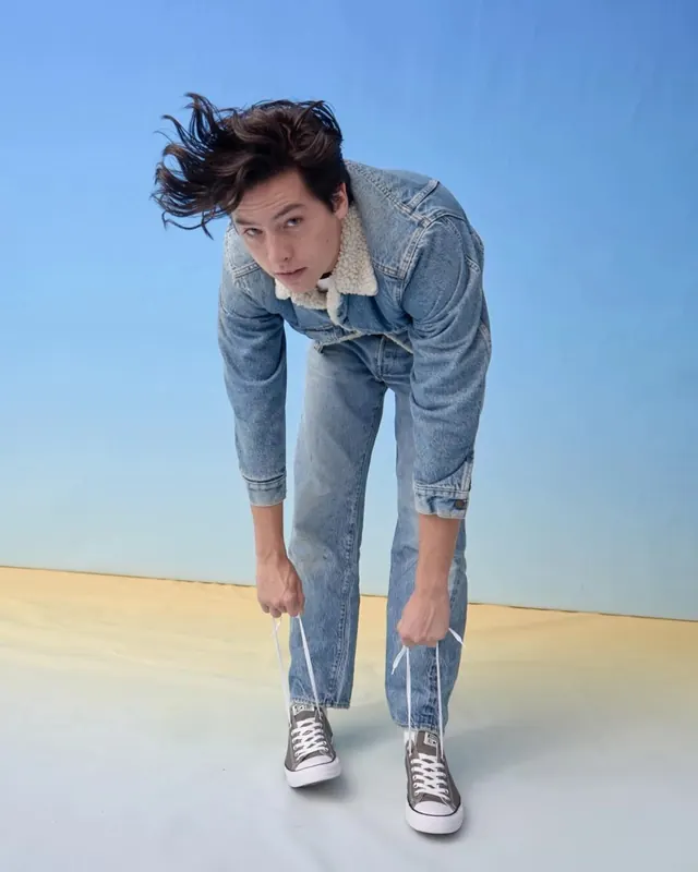 Fashion Model in Denim Outfit, photographic, minimal, vibrant