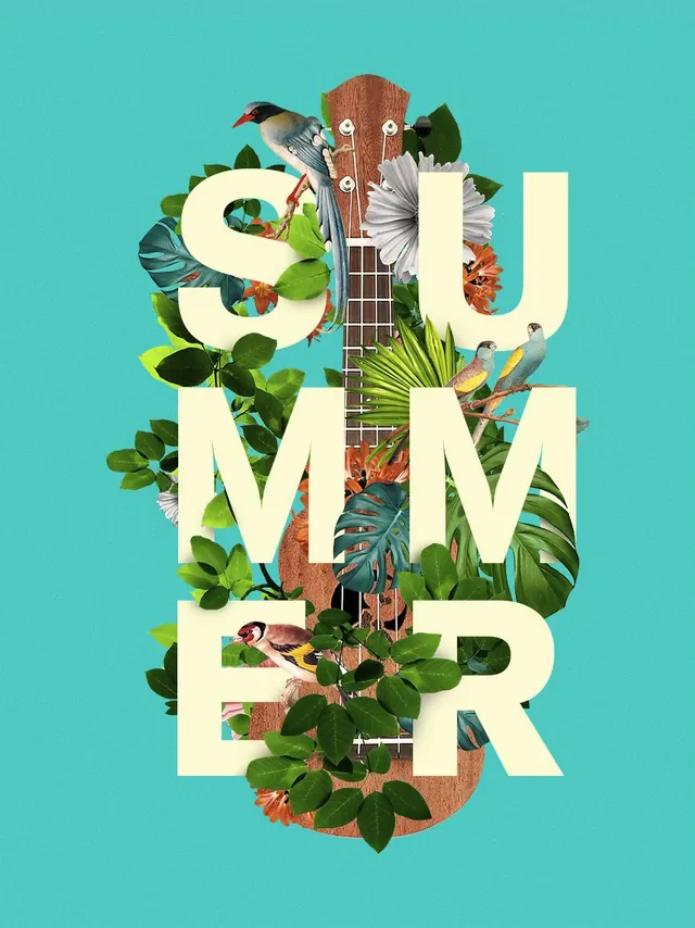 SUMMER ukulele botanical collage, maximalist, organic, vibrant
