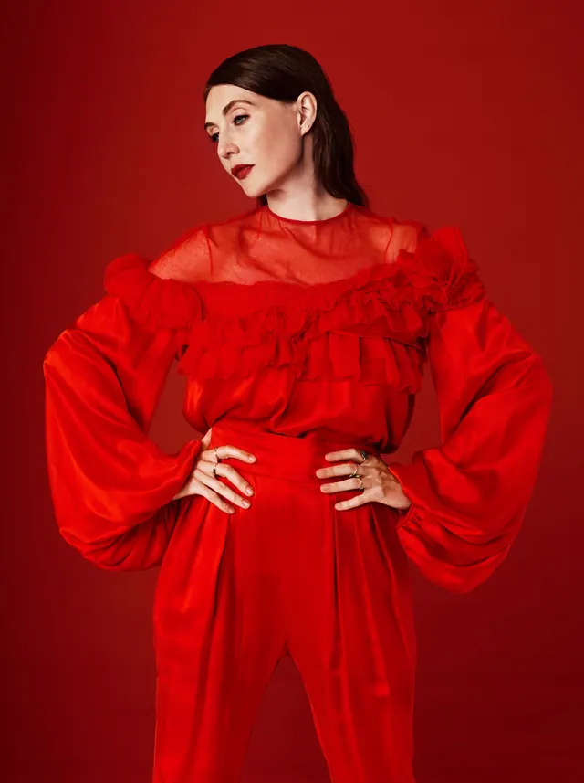 Woman in Red Avant-Garde Fashion, luxury, photographic, vibrant