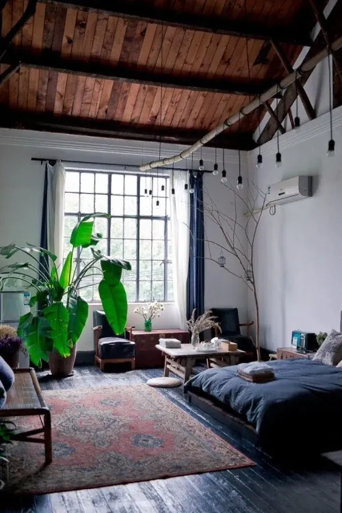 Industrial Loft Interior with Plants, photographic, organic, earthy