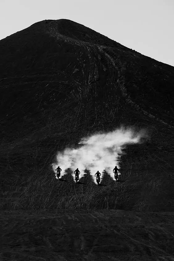 Mountain Silhouette with Smoke and Figures, monochrome, photographic, monochrome