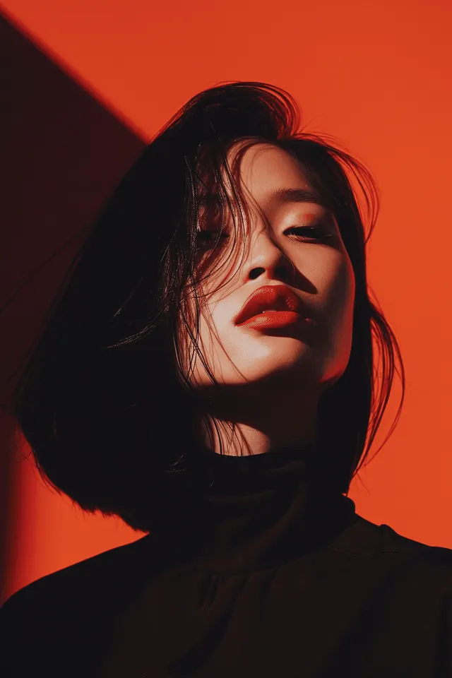 Portrait of a Woman with Red Lips, photographic, luxury, vibrant