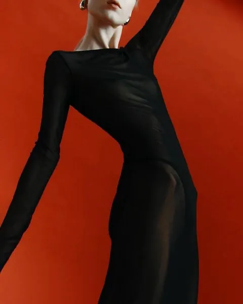 Woman in Sheer Black Bodysuit, luxury, photographic, high-contrast