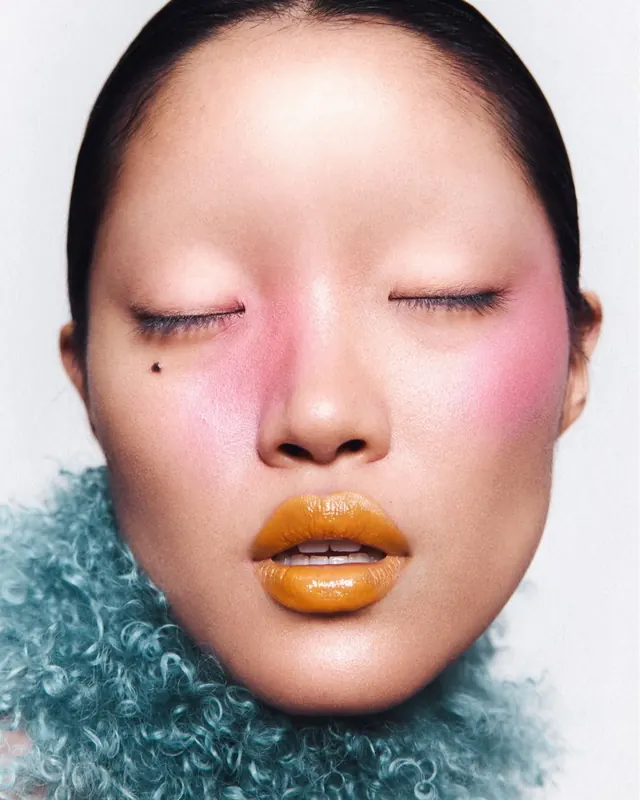 Surrealist Portrait with Gold Lips, organic, photographic, vibrant