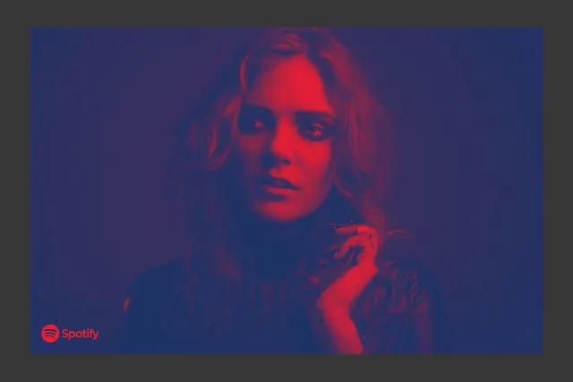 Spotify Portrait with Red Duotone Overlay, photographic, dark-mode, dark
