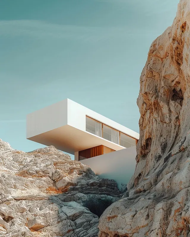 Modernist Cantilever House in Rocky Terrain, minimal, geometric, light