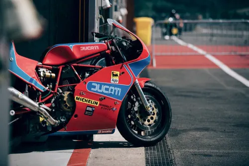 Red and Blue Racing Motorcycle Mockup, photographic, technical, vibrant
