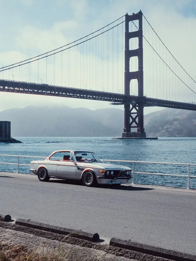Vintage Car in Front of San Francisco Bay Bridge, photographic, retro, cool