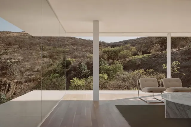 Modernist Interior with Mountain View, minimal, luxury, muted