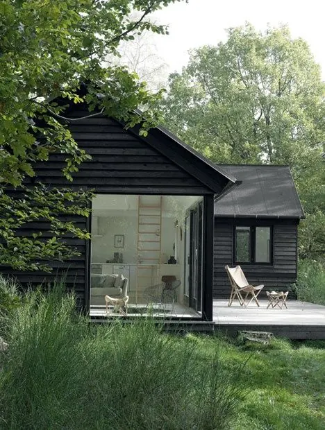 Modern Black Timber Cabin with Glass Extension, minimal, organic, dark
