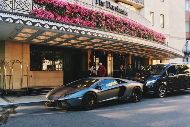 The Dorchester Hotel Entrance with Luxury Cars, photographic, luxury, vibrant