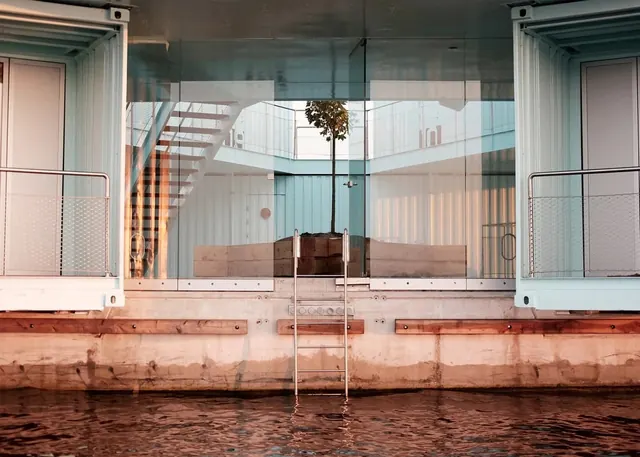 Modern Architectural Interior with Glass Facade, minimal, luxury, warm