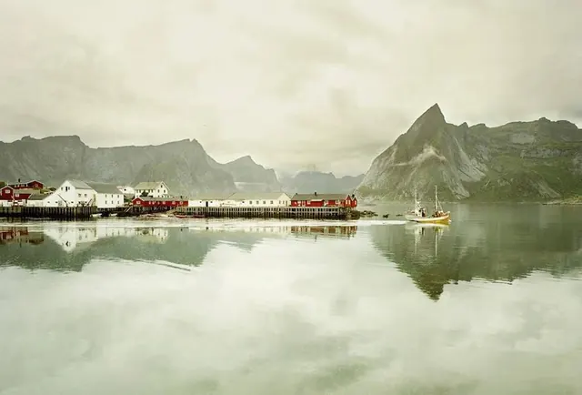 Mountain Landscape with Cargo Ship, photographic, minimal, muted