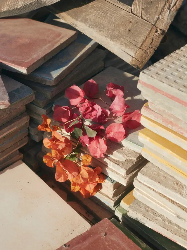 Floral Arrangement on Wooden Planks, organic, photographic, vibrant