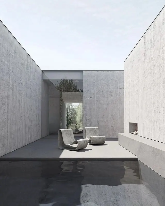 Minimalist Concrete Courtyard Architecture, minimal, luxury, monochrome