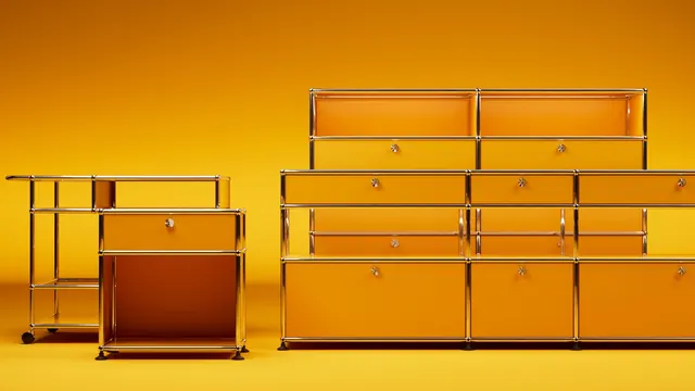 3D Render of Translucent Orange Storage Units, minimal, geometric, warm