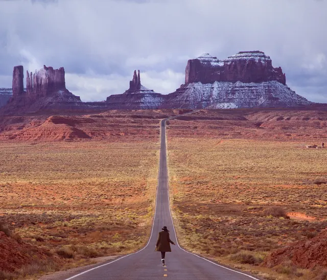 Lone Traveler on Desert Road, photographic, minimal, earthy