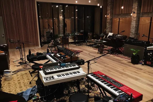 Music Studio Interior with Keyboards, photographic, dark