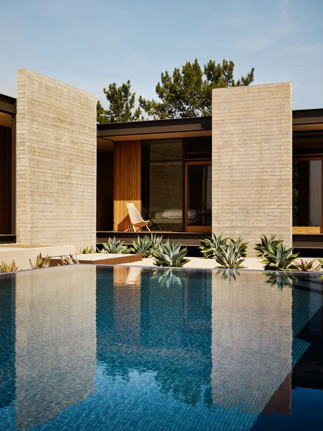 Modernist Poolside Architecture, minimal, luxury, warm