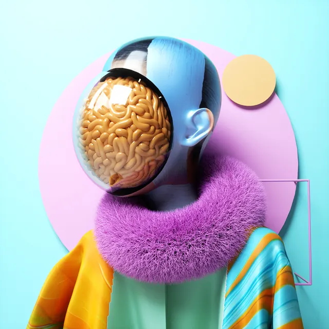 3D Surrealist Portrait Collage, 3d-render, playful, vibrant