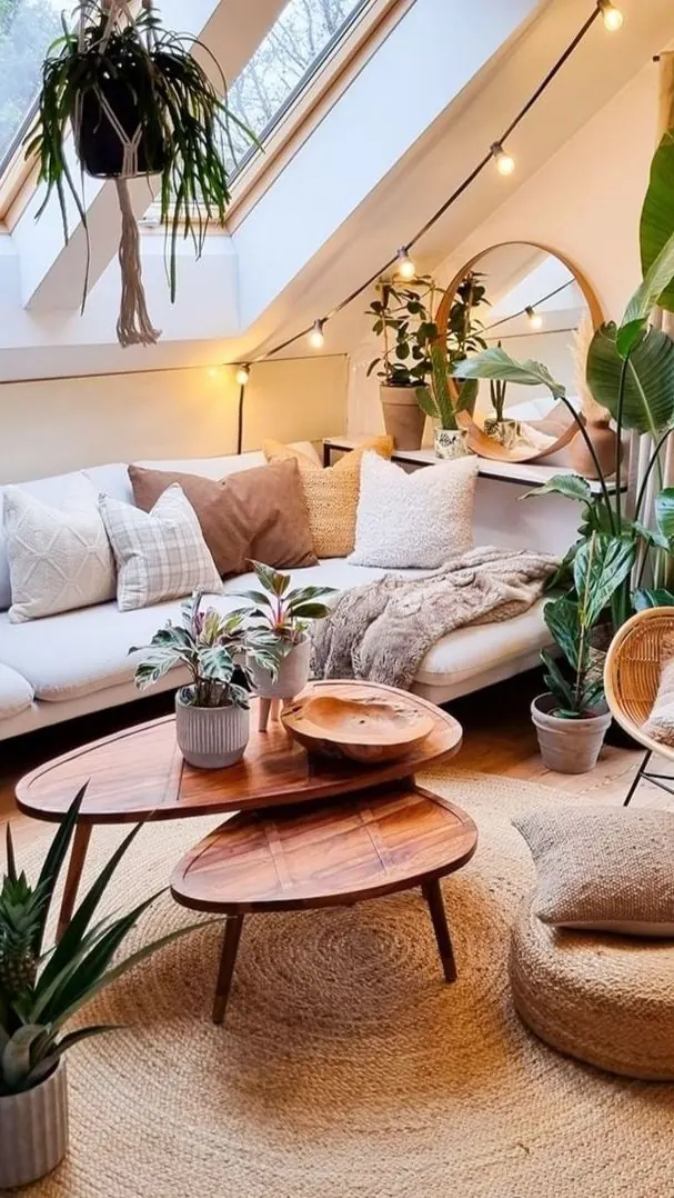Cozy Attic Living Room Interior, photographic, organic, warm