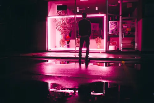 Neon Storefront Silhouette, dark-mode, photographic, dark