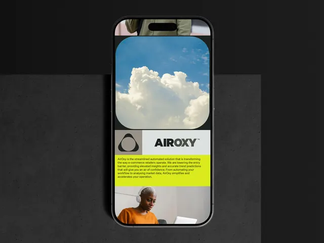AIROXY Mobile App Interface Mockup, minimal, corporate-clean, high-contrast