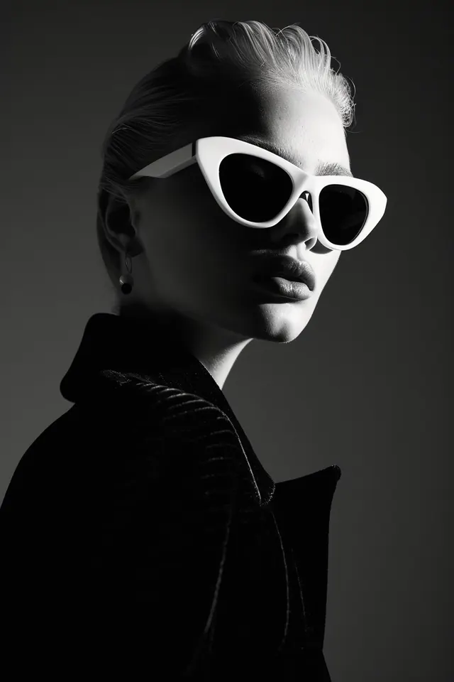 Monochrome Portrait with Oversized Sunglasses, monochrome, photographic, monochrome