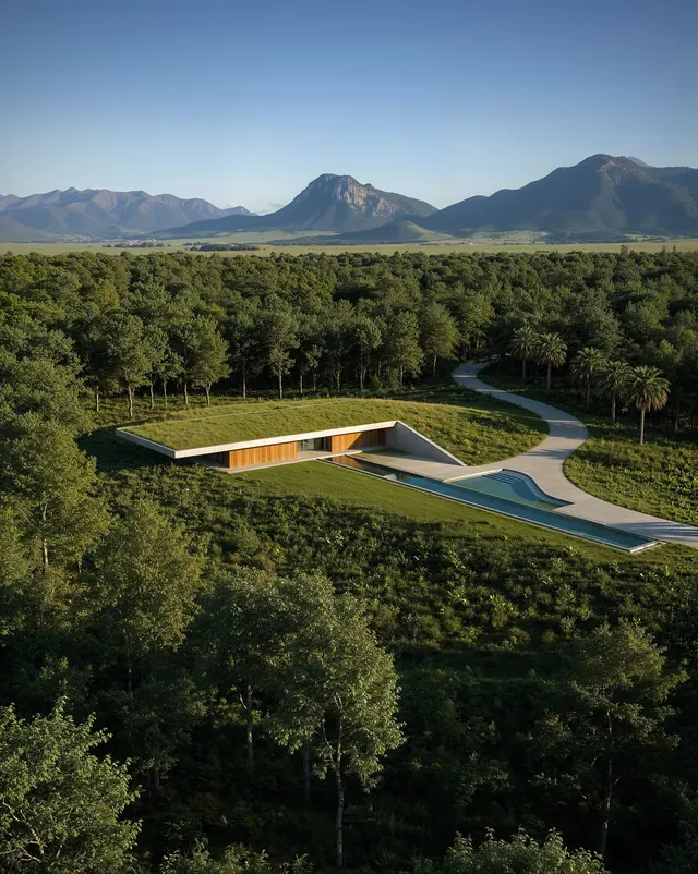 Modernist Architecture in Mountain Landscape, minimal, photographic, earthy
