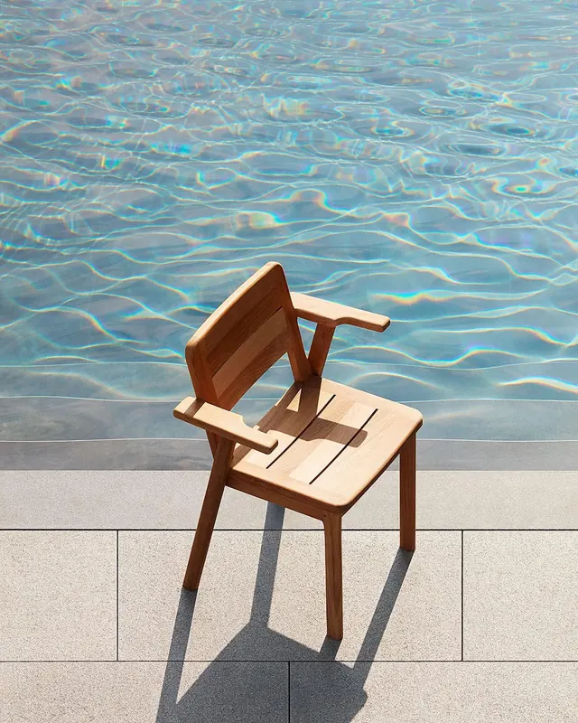 Wooden Lounge Chair by Pool, minimal, photographic, light