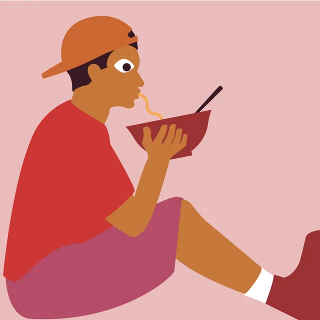 Illustration of a person eating noodles, flat, playful, vibrant