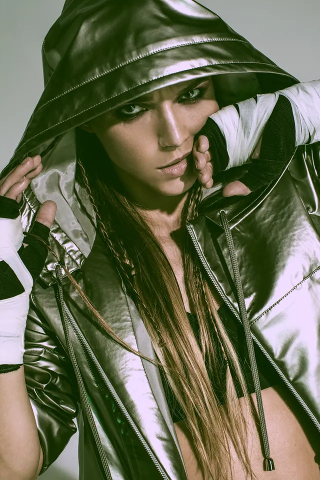 Portrait of a Woman in a Leather Hood, photographic, dark-mode, dark