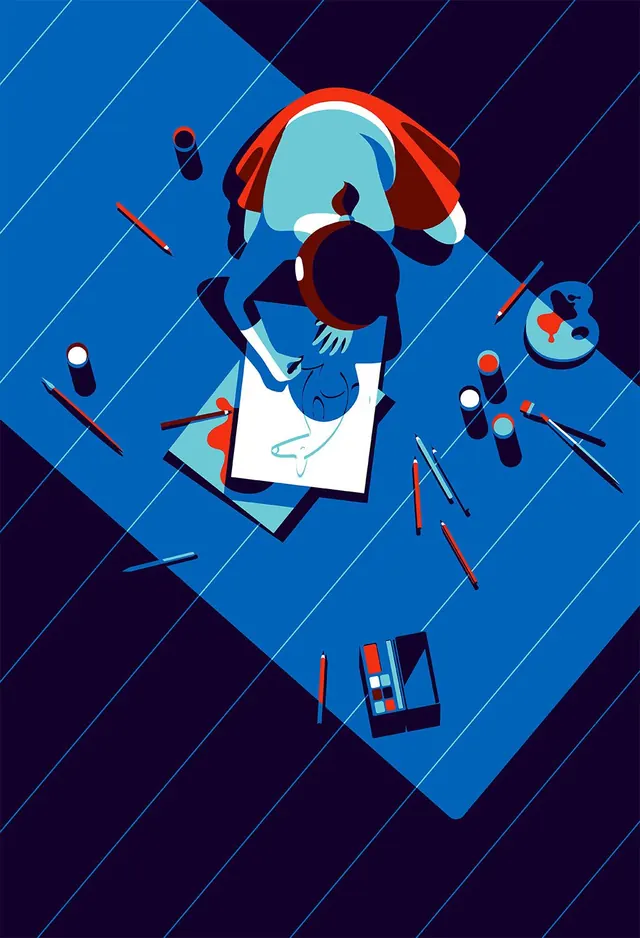 Abstract Geometric Illustration of a Person Working, flat, geometric, dark