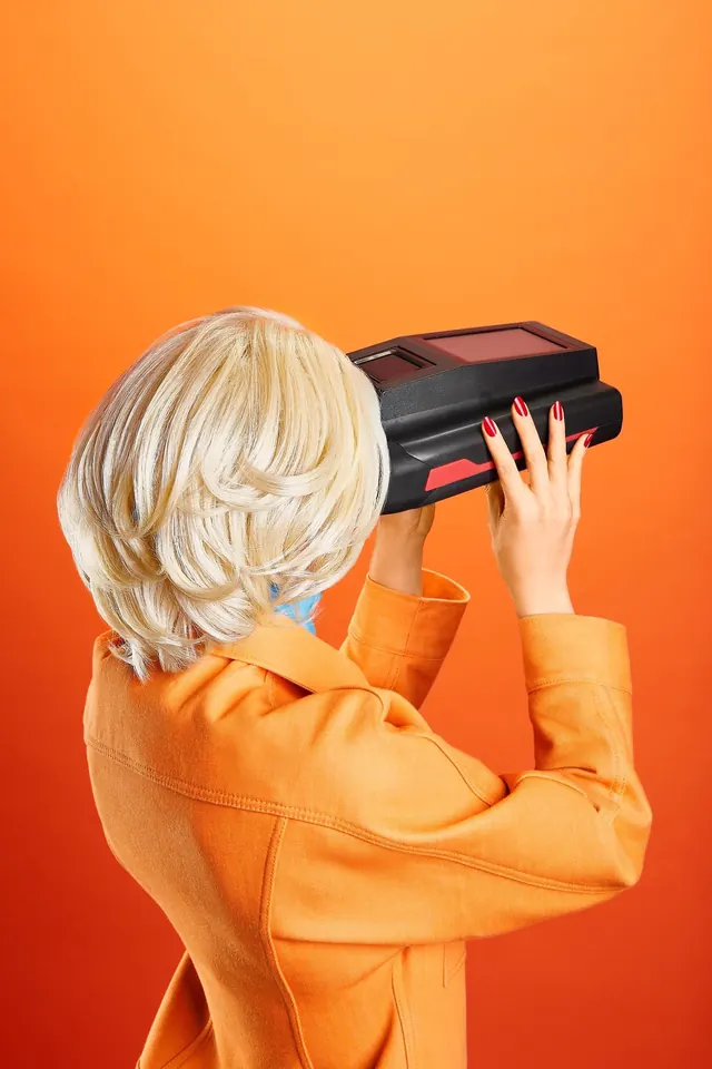 Woman with Retro Radio, retro, minimal, vibrant