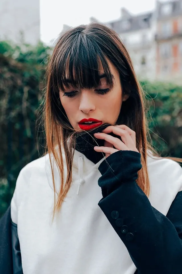 Portrait of a Woman with Red Lips, photographic, luxury, high-contrast