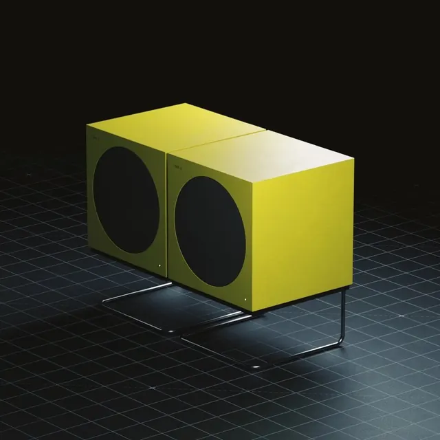 Yellow Studio Monitors Mockup, minimal, geometric, high-contrast