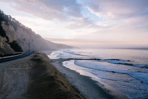 Coastal Landscape with Cliffside Road, photographic, organic, muted