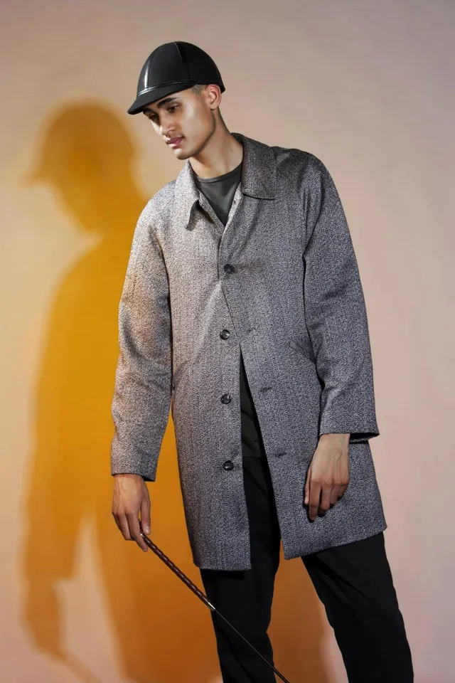 Male Model in Grey Textured Coat, minimal, photographic, warm