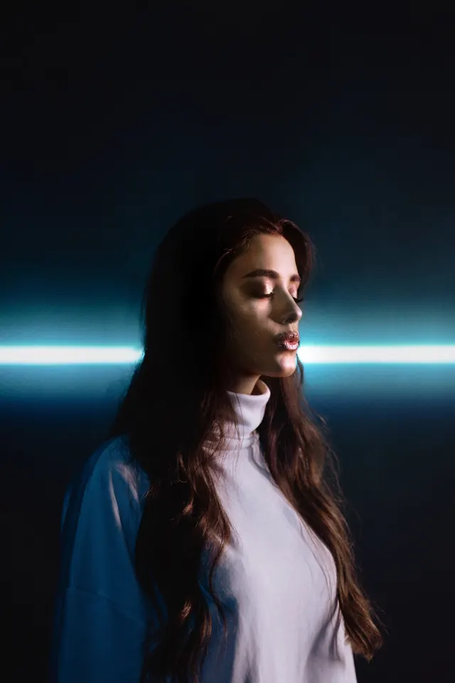 Portrait with Neon Light Streak, minimal, dark-mode, dark