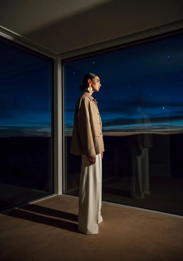 Woman in Minimalist Interior with Night View, minimal, luxury, dark