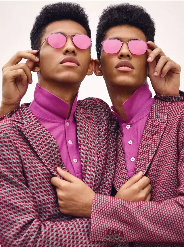 Symmetrical Portrait of Two Men in Pink Attire, maximalist, playful, vibrant